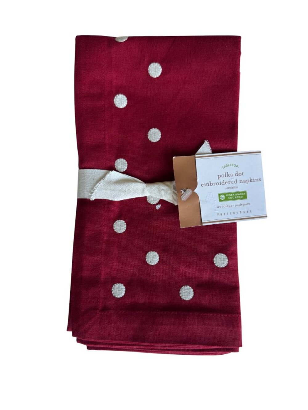 Pottery Barn Polka Dot Embroidered New Set Of Four Red White